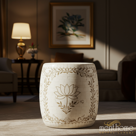 Handcrafted Ceramic Garden Stool with Lotus Design | Luxury Handmade Stool