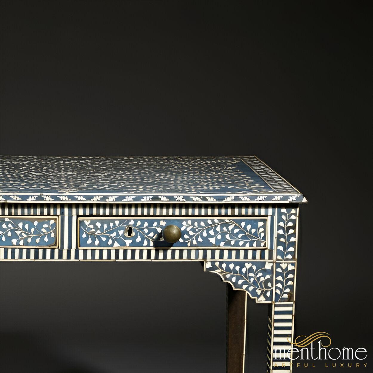 Bone Inlay Light Blue Desk | Unique Geometric Design | Artisan-Crafted Luxury for Your Workspace | Luxury Handmade Desk