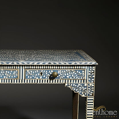 Bone Inlay Light Blue Desk | Unique Geometric Design | Artisan-Crafted Luxury for Your Workspace | Luxury Handmade Desk