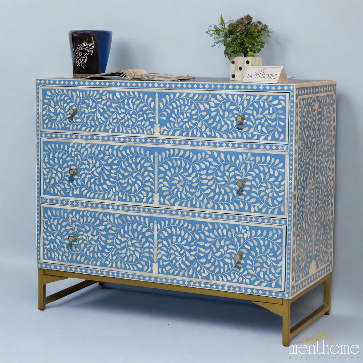 Bone Inlay Dressers Blue Floral 3-drawers with brass leg | Luxury Handmade Dresser