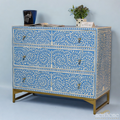 Bone Inlay Dressers Blue Floral 3-drawers with brass leg | Luxury Handmade Dresser