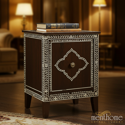 Handcrafted Wooden Side Table with Inlay Design | Luxury Handmade Bedside Table
