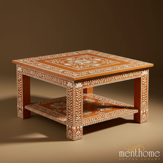 Hand-Painted Floral Inlay Wooden Coffee Table | Luxury Handmade Coffee Table