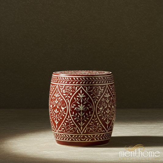 Handcrafted Red and White Floral Patterned Ceramic Garden Stool | Luxury Handmade Stool