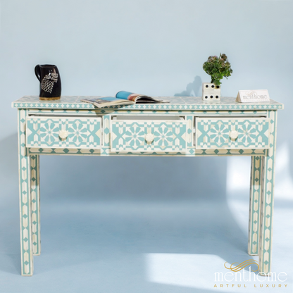 Turquoise Moroccan 3-Drawer Bone Inlay Desk | Luxury Handmade Desk
