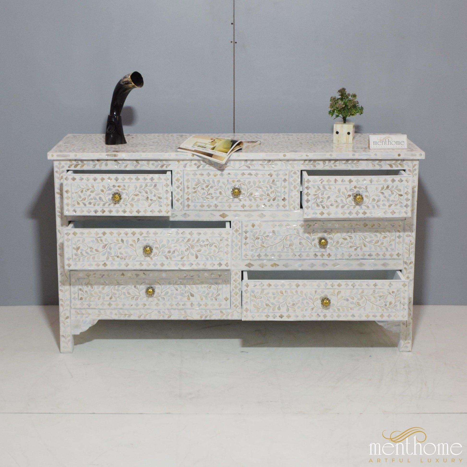7-drawer Motehr of Pearl Floral Pattern White Dresser | Luxury Handmade Dresser