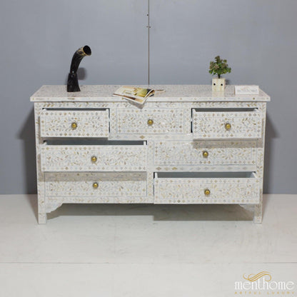 7-drawer Motehr of Pearl Floral Pattern White Dresser | Luxury Handmade Dresser