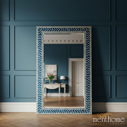 Decorative Full-Length Wall Mirror with Blue and White Chevron Frame | Luxury Handmade Mirror