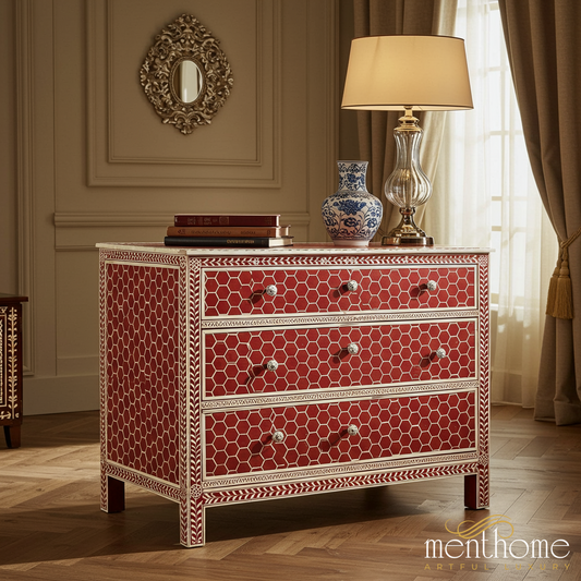 Vintage Red Honeycomb Patterned Chest of Drawers