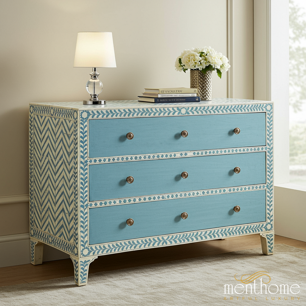 Blue and White Patterned 3-Drawer Chest | Luxury Handmade Dresser - M(60"Wx18"Dx30"H) / Bone Inlay Blue and White Patterned 3-Drawer Chest | Luxury Handmade Dresser - M(60"Wx18"Dx30"H) / Bone Inlay