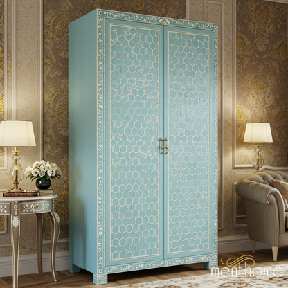 Vintage Blue Wooden Wardrobe with Decorative Pattern | Luxury Handmade Wardrobe