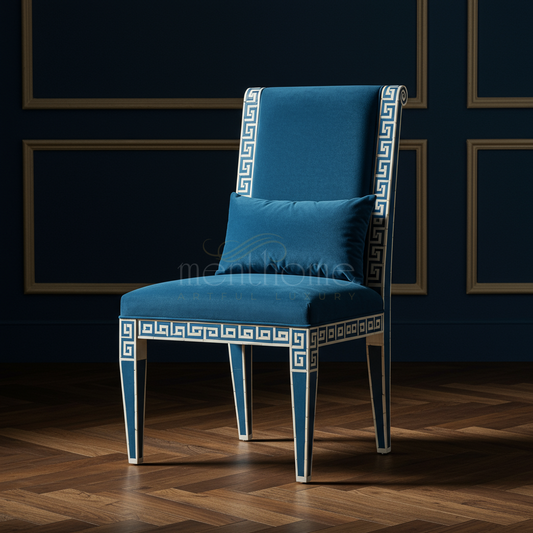 Inlay Blue Velvet Chair with Greek Key Pattern | Luxury Handmade Chair