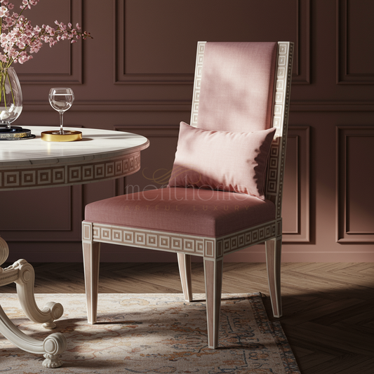 Inlay Chair with Pink Upholstery and Classic Geometric Detailing | Luxury Handmade Chair