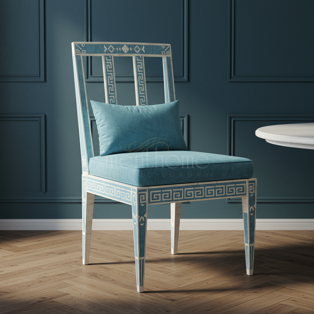 Inlay Chair with Greek Key Pattern and Teal Upholstery | Luxury Handmade Chair