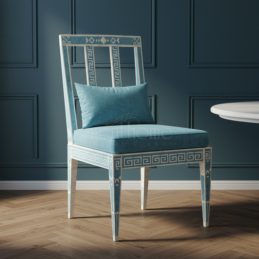 Inlay Chair with Greek Key Pattern and Teal Upholstery | Luxury Handmade Chair
