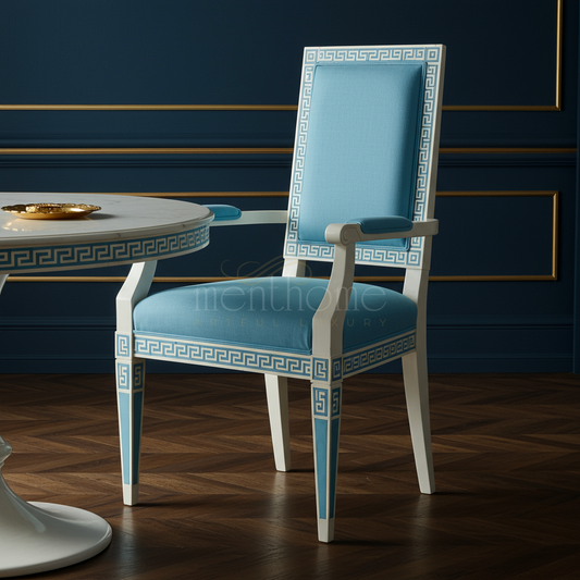 Inlay Chair with Blue Upholstery and Greek Key Pattern | Luxury Handmade Chair