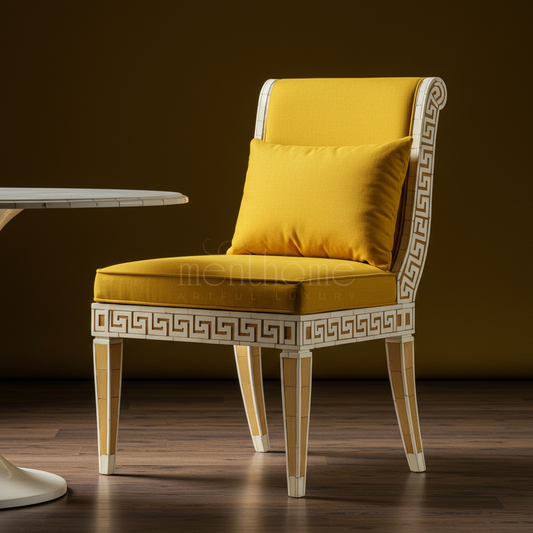 Inlay Greek Key Accent Chair with Mustard Upholstery | Luxury Handmade Chair