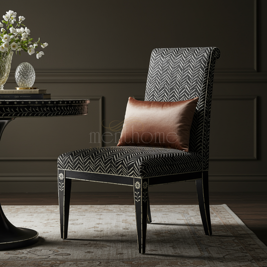 Inlay Patterned Upholstered Chair with Accent Cushion | Luxury Handmade Chair