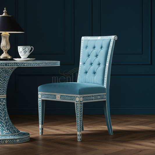 Inlay Tufted Blue Upholstered Chair | Luxury Handmade Chair