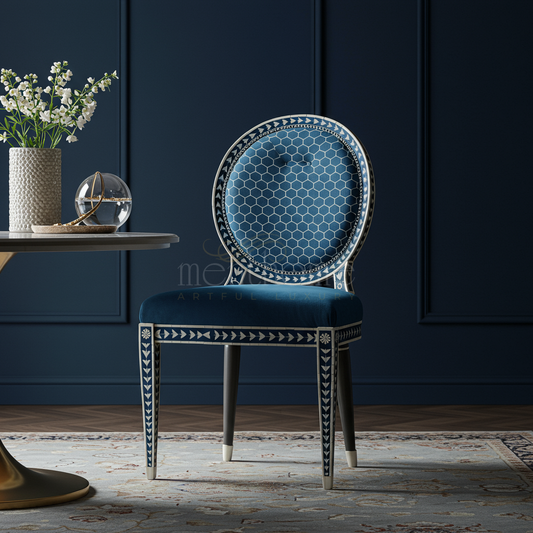 Inlay Chair with Blue Velvet Upholstery | Luxury Handmade Chair