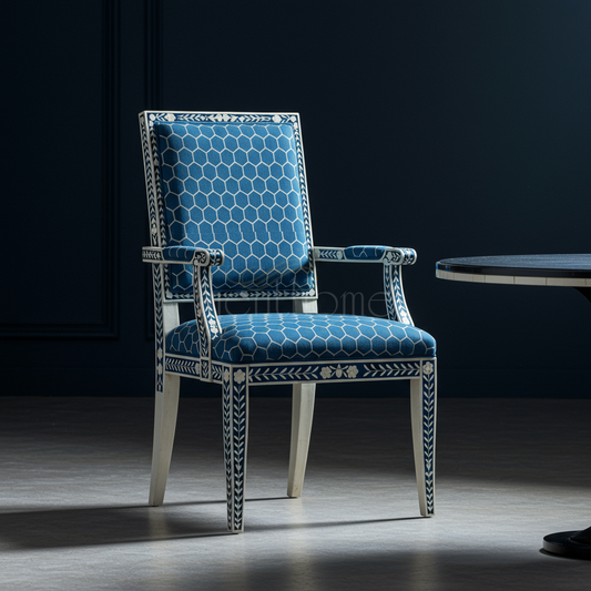 Inlay Chair with Blue Hex Pattern Upholstery | Luxury Handmade Chair