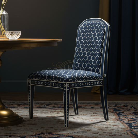 Elegant Inlay Chair with Blue Geometric Upholstery | Luxury Handmade Chair