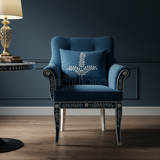 Inlay Chair with Elegant Blue Velvet and Floral Motif | Luxury Handmade Chair