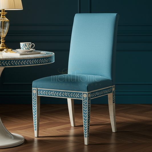Inlay Chair with Blue Upholstery and Floral Detailing | Luxury Handmade Chair