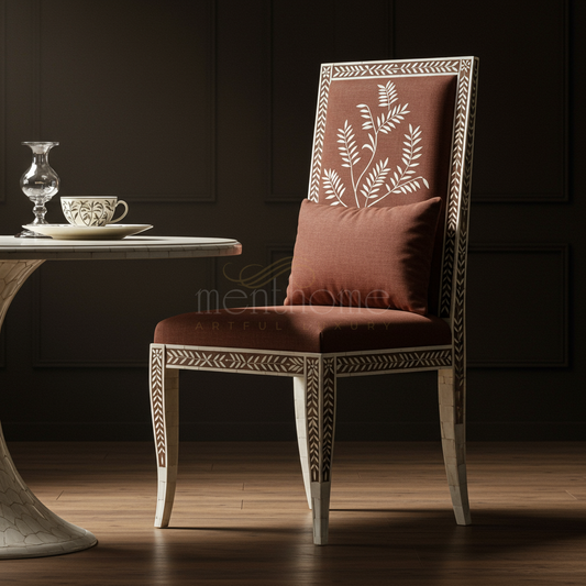 Luxury Inlay Wooden Chair with Botanical Design Upholstery | Luxury Handmade Chair