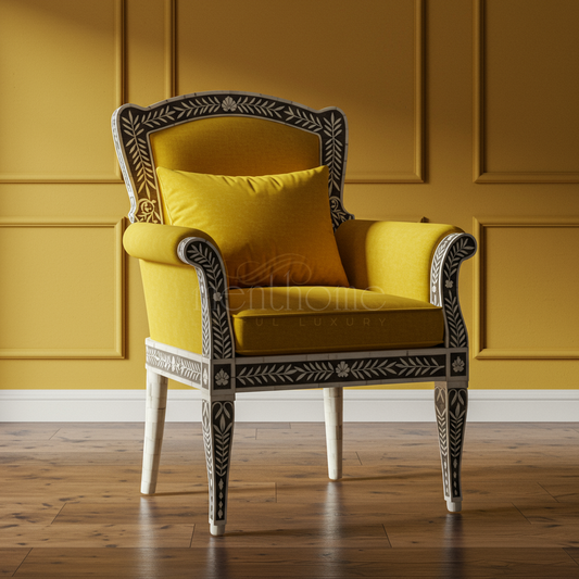 Luxurious Inlay Armchair with Yellow Velvet Upholstery | Luxury Handmade Chair