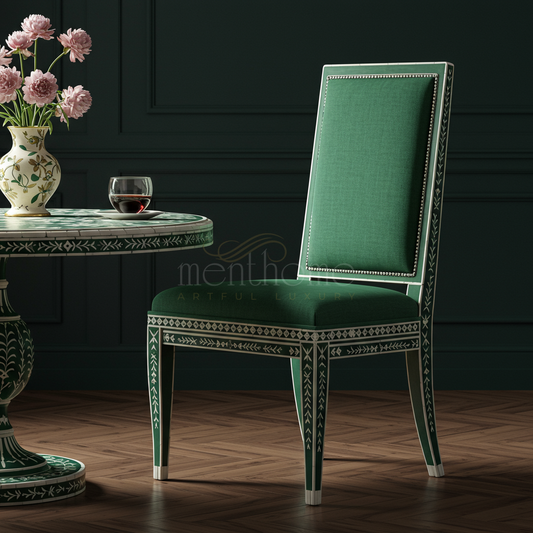 Inlay Chair with Hand-Painted Detailing and Green Upholstery | Luxury Handmade Chair
