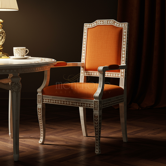 Inlay Chair with Ornate Detailing and Vibrant Orange Upholstery | Luxury Handmade Chair