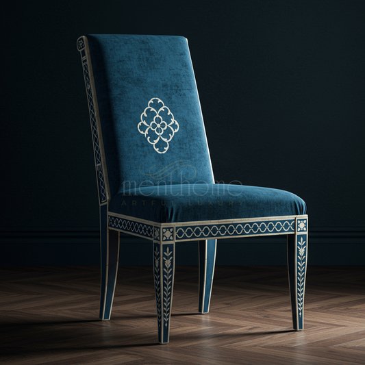 Inlay Chair with Blue Velvet Upholstery and Intricate Bone Inlay | Luxury Handmade Chair