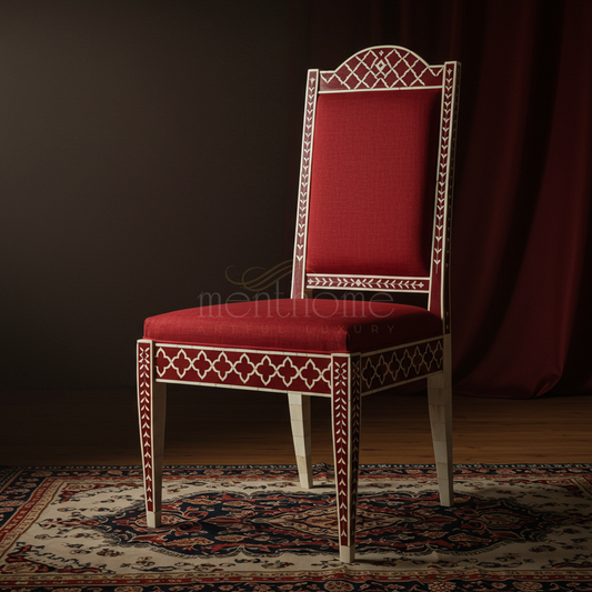 Inlay Chair with Red Upholstery and Intricate Bone Inlay Design | Luxury Handmade Chair