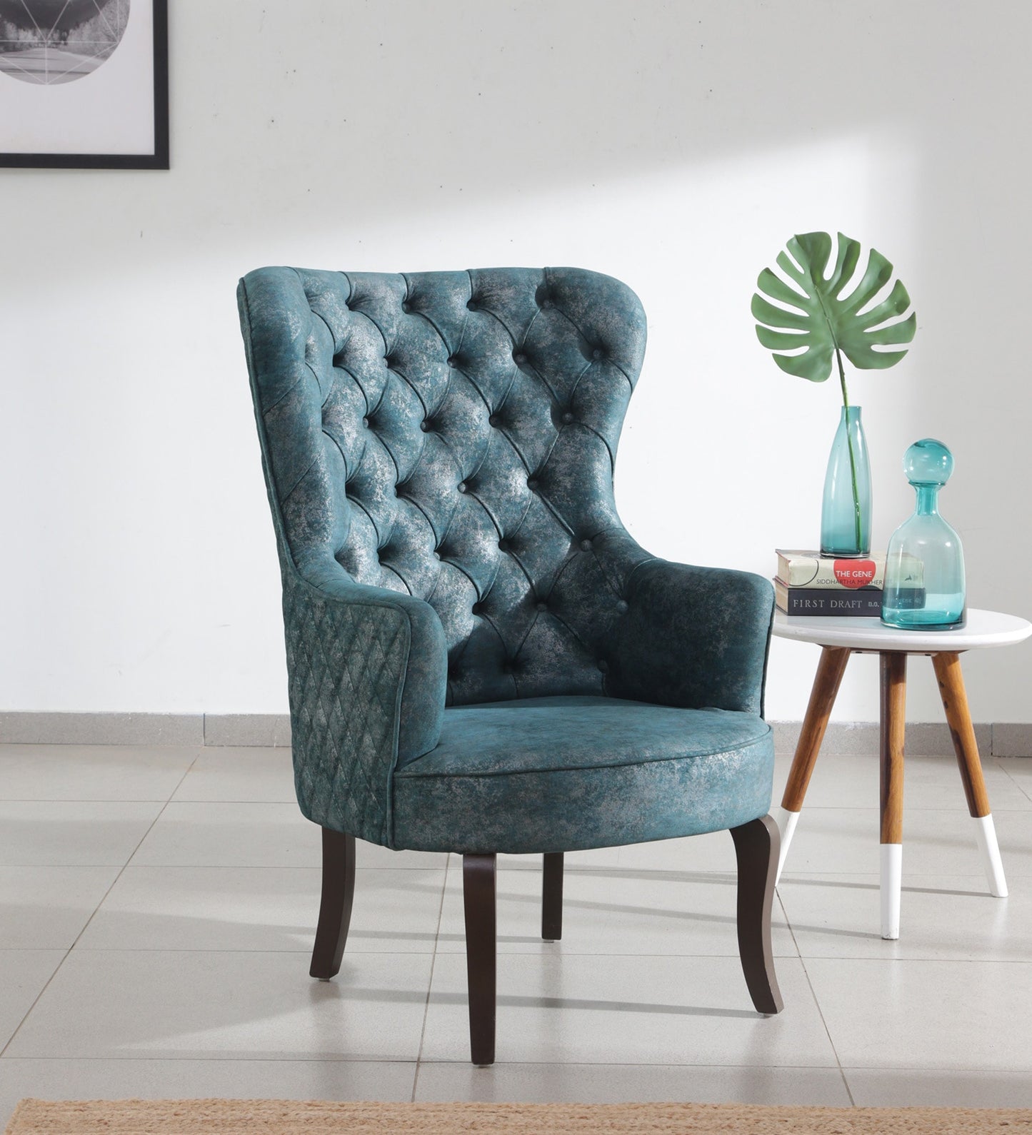 Velvet Wing Chair In Green Colour