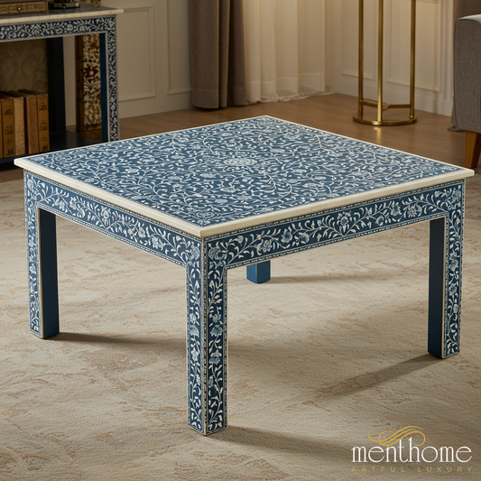 Handcrafted Blue Floral Inlay Coffee Table | Luxury Handmade Coffee Table