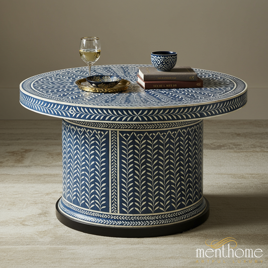 Blue Hand-Painted Patterned Round Coffee Table | Luxury Handmade Coffee Table
