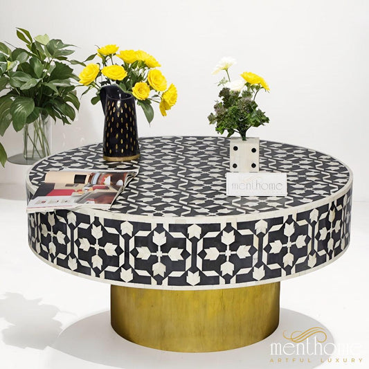 Black Coffee Table Bow Pattern Bone Inlay | Luxury Handmade Coffee Table