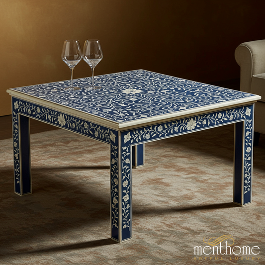 Handcrafted Blue Floral Inlay Coffee Table | Luxury Handmade Coffee Table