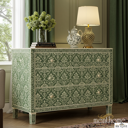 Green Floral Patterned Chest of Drawers | Luxury Handmade Dresser - S(42"Wx18"Dx30"H) / Bone-like Green Floral Patterned Chest of Drawers | Luxury Handmade Dresser - S(42"Wx18"Dx30"H) / Bone-like