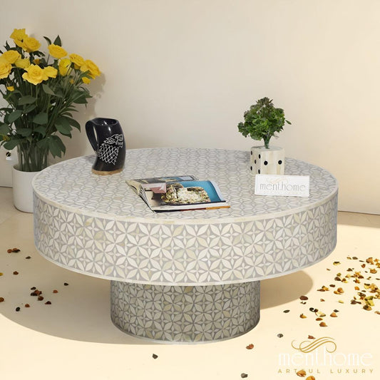 Round Coffee Table with Eye Pattern Bone Inlay | Luxury Handmade Coffee Table