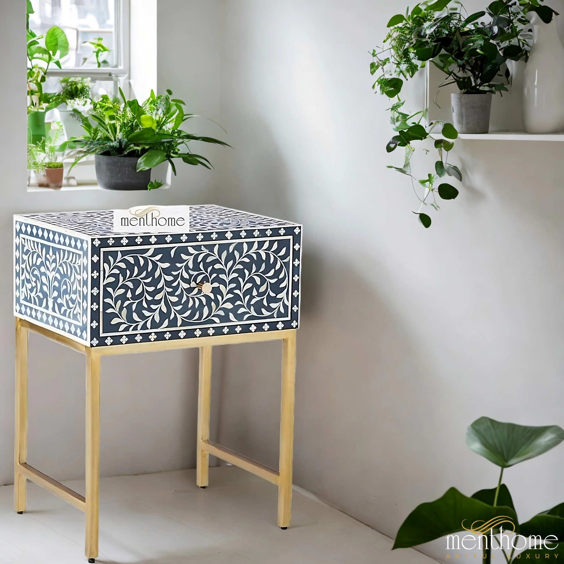 Bone inlay handmade orange bedside table, Bone inlay orange night stand, Bone inlay side table, Bone inlay furniture, Bone inlay lamp stand | Luxury Handmade Bedside Table