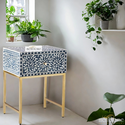 Bone inlay handmade orange bedside table, Bone inlay orange night stand, Bone inlay side table, Bone inlay furniture, Bone inlay lamp stand | Luxury Handmade Bedside Table
