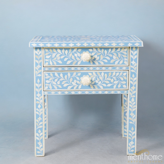 Handmade Blue Bone Inlay Bedside Table Wooden Table | Luxury Handmade Bedside Table