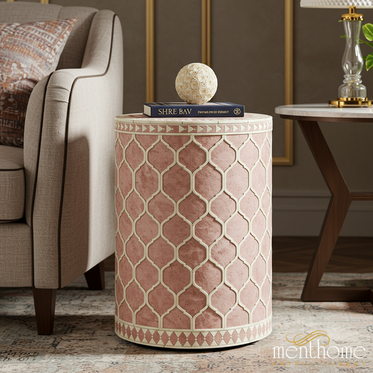 Elegant Geometric Patterned Storage Drum | Luxury Handmade Side Table