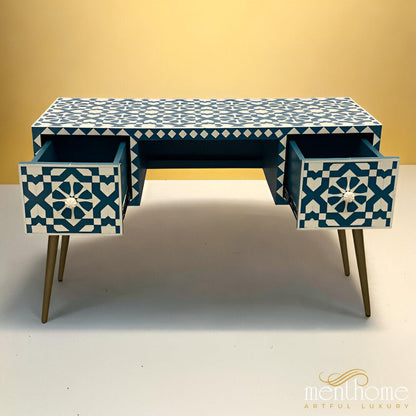Moroccan Pattern 2-drawer Turquoise Resin Desk | Luxury Handmade Desk