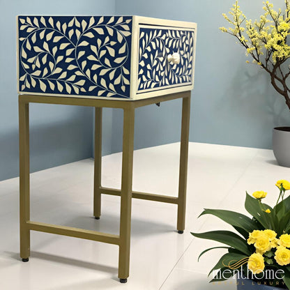 Navy Blue Nightstand Floral Design Resin | Luxury Handmade Bedside Table