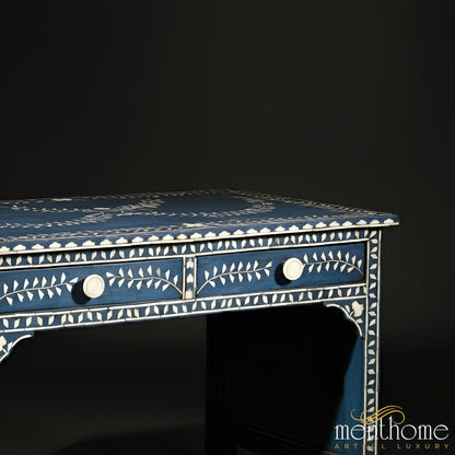 Perfect Blend of Style and Function Bone Inlay Navy Blue Desk | Bone Inlay Writing Desk | Timeless Craftsmanship | Luxury Handmade Desk