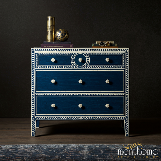 Blue Decorative Wooden Chest of Drawers with Inlay Design | Luxury Handmade Chest of Drawer
