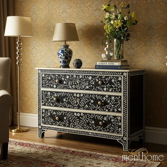 Hand-Painted Floral Bone Inlay Dresser Chest | Luxury Handmade Dresser